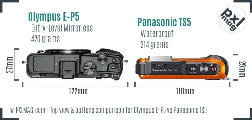 Olympus E-P5 vs Panasonic TS5 top view buttons comparison