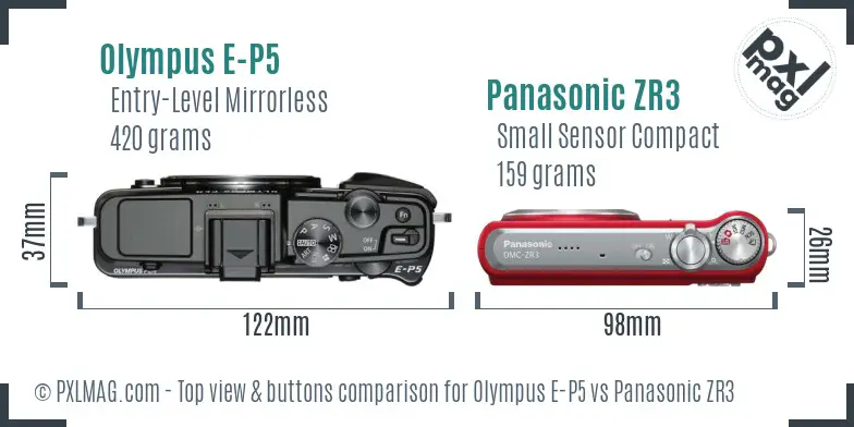 Olympus E-P5 vs Panasonic ZR3 top view buttons comparison