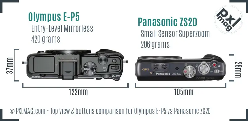 Olympus E-P5 vs Panasonic ZS20 top view buttons comparison