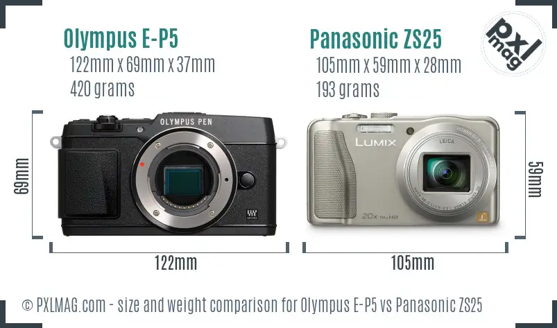 Olympus E-P5 vs Panasonic ZS25 size comparison