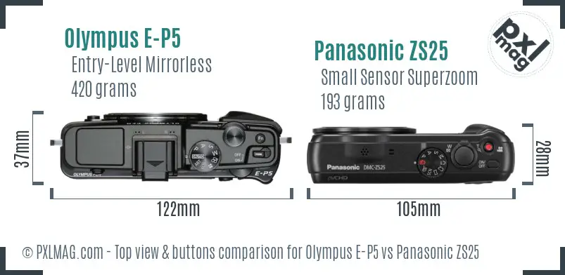 Olympus E-P5 vs Panasonic ZS25 top view buttons comparison