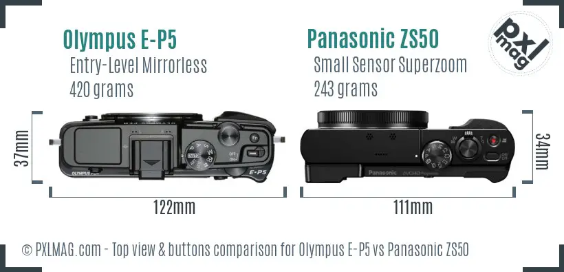 Olympus E-P5 vs Panasonic ZS50 top view buttons comparison