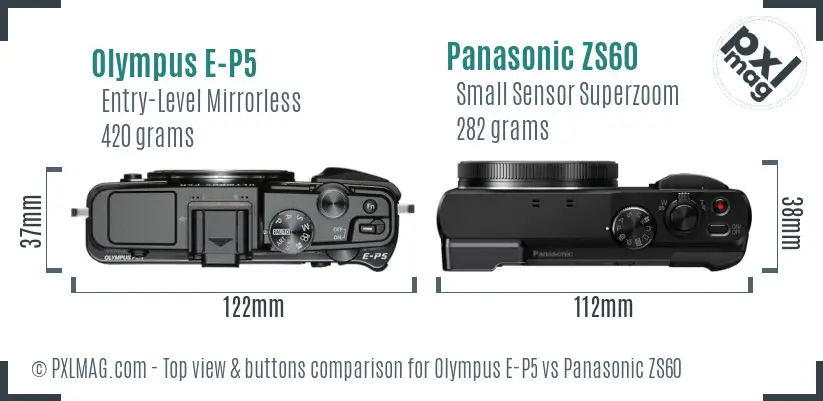 Olympus E-P5 vs Panasonic ZS60 top view buttons comparison