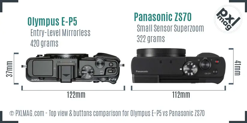 Olympus E-P5 vs Panasonic ZS70 top view buttons comparison