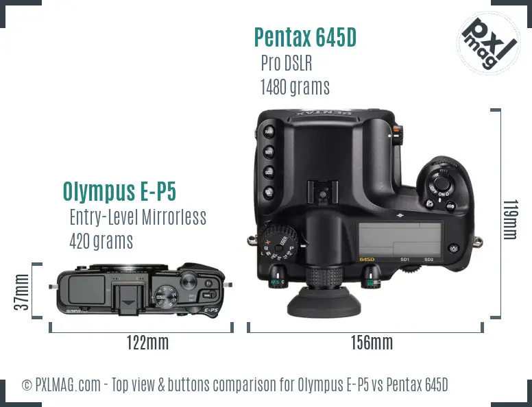 Olympus E-P5 vs Pentax 645D top view buttons comparison