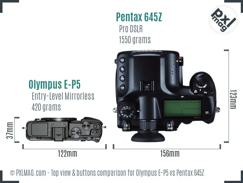 Olympus E-P5 vs Pentax 645Z top view buttons comparison