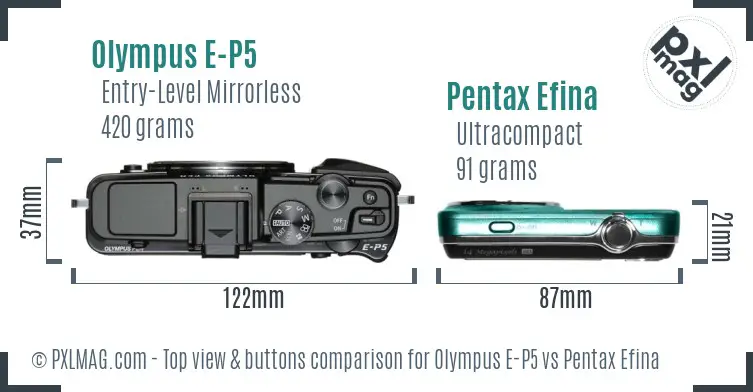 Olympus E-P5 vs Pentax Efina top view buttons comparison