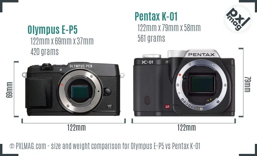 Olympus E-P5 vs Pentax K-01 size comparison