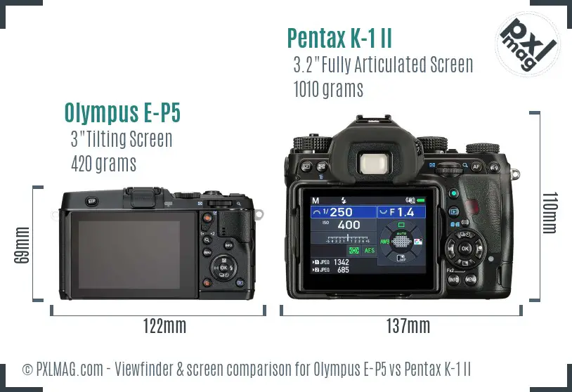 Olympus E-P5 vs Pentax K-1 II Screen and Viewfinder comparison