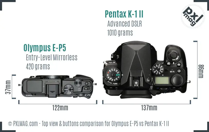Olympus E-P5 vs Pentax K-1 II top view buttons comparison
