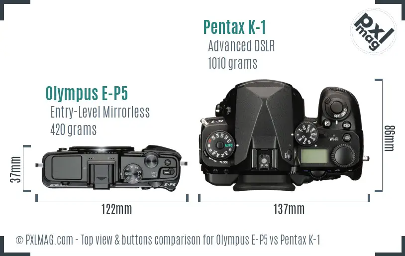 Olympus E-P5 vs Pentax K-1 top view buttons comparison