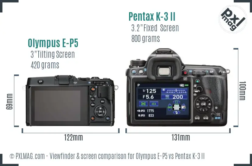 Olympus E-P5 vs Pentax K-3 II Screen and Viewfinder comparison