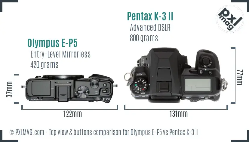 Olympus E-P5 vs Pentax K-3 II top view buttons comparison