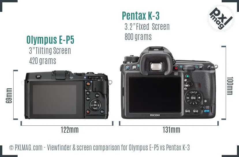 Olympus E-P5 vs Pentax K-3 Screen and Viewfinder comparison