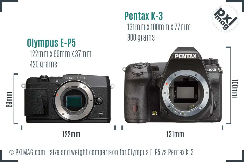 Olympus E-P5 vs Pentax K-3 size comparison