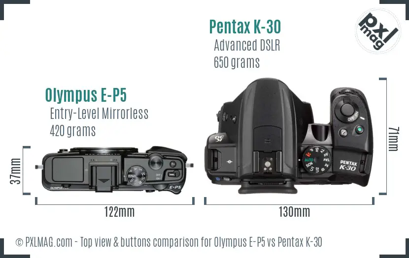 Olympus E-P5 vs Pentax K-30 top view buttons comparison