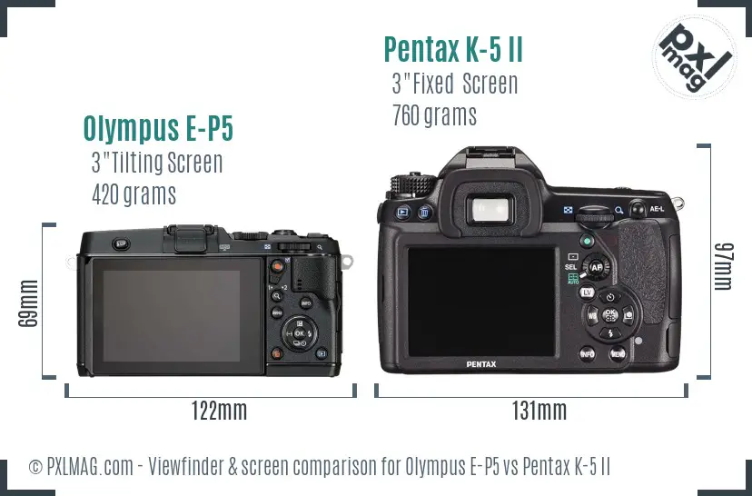 Olympus E-P5 vs Pentax K-5 II Screen and Viewfinder comparison
