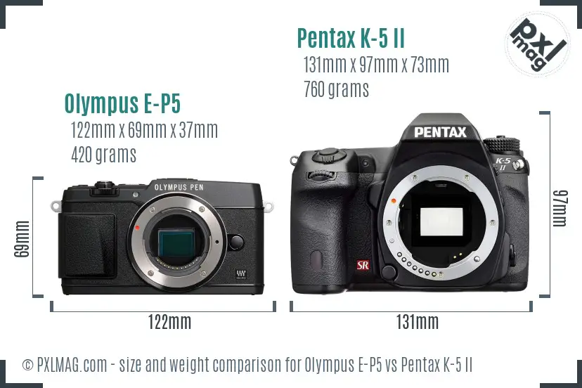 Olympus E-P5 vs Pentax K-5 II size comparison