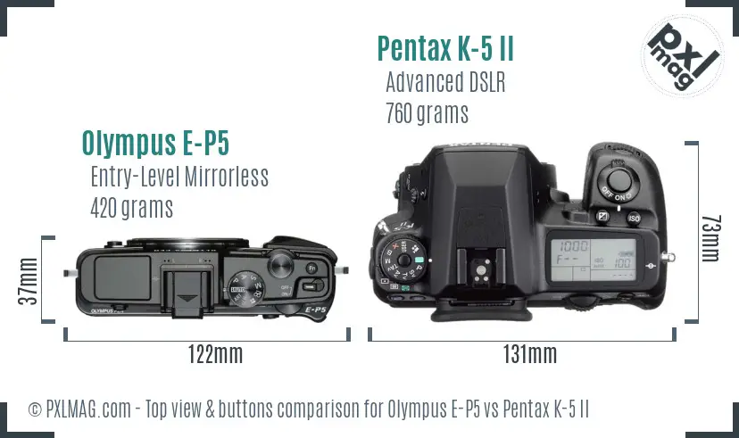 Olympus E-P5 vs Pentax K-5 II top view buttons comparison