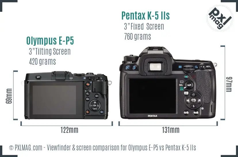 Olympus E-P5 vs Pentax K-5 IIs Screen and Viewfinder comparison