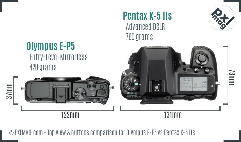 Olympus E-P5 vs Pentax K-5 IIs top view buttons comparison