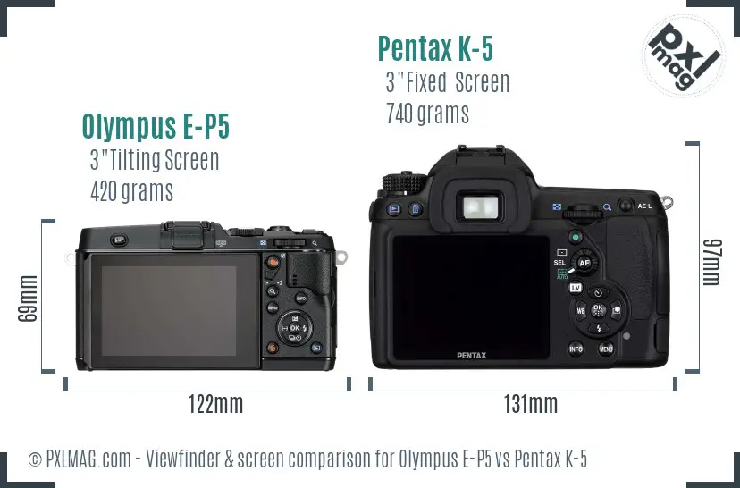 Olympus E-P5 vs Pentax K-5 Screen and Viewfinder comparison