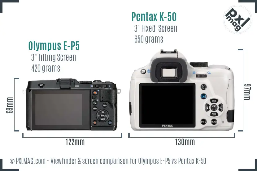 Olympus E-P5 vs Pentax K-50 Screen and Viewfinder comparison