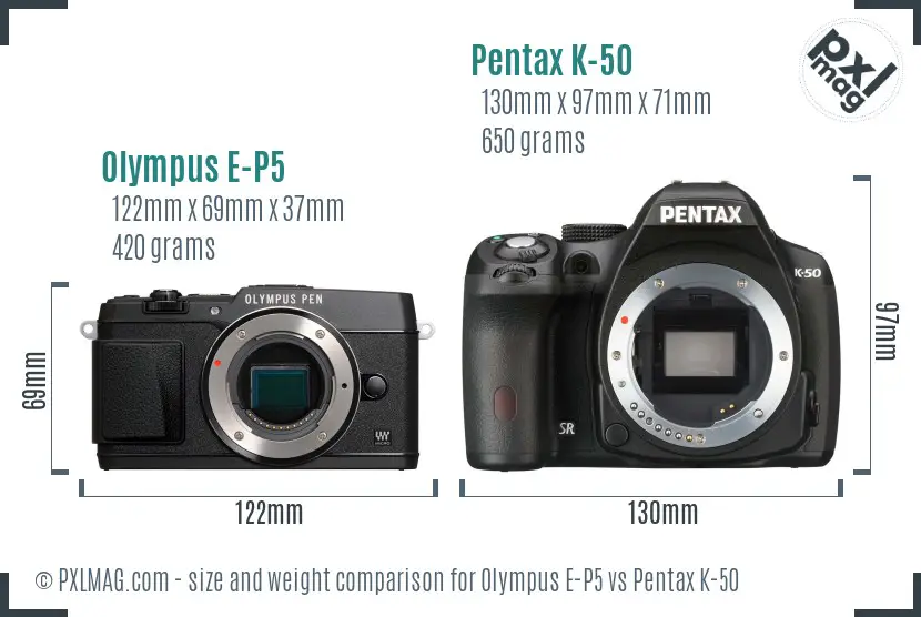 Olympus E-P5 vs Pentax K-50 size comparison