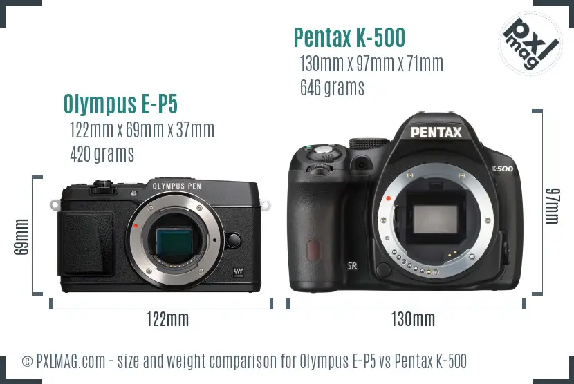 Olympus E-P5 vs Pentax K-500 size comparison