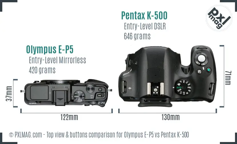 Olympus E-P5 vs Pentax K-500 top view buttons comparison