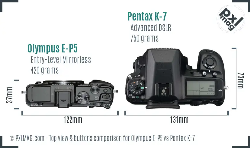 Olympus E-P5 vs Pentax K-7 top view buttons comparison