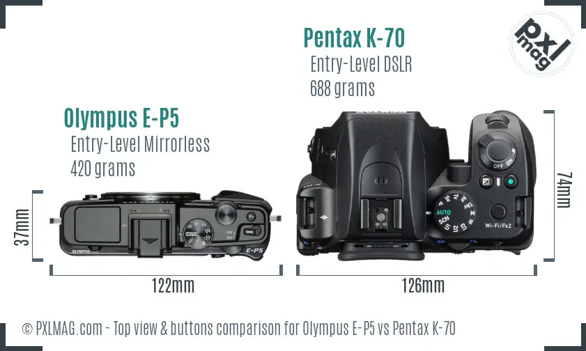 Olympus E-P5 vs Pentax K-70 top view buttons comparison