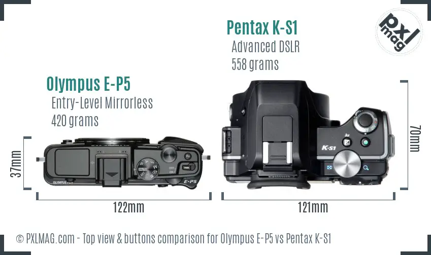 Olympus E-P5 vs Pentax K-S1 top view buttons comparison