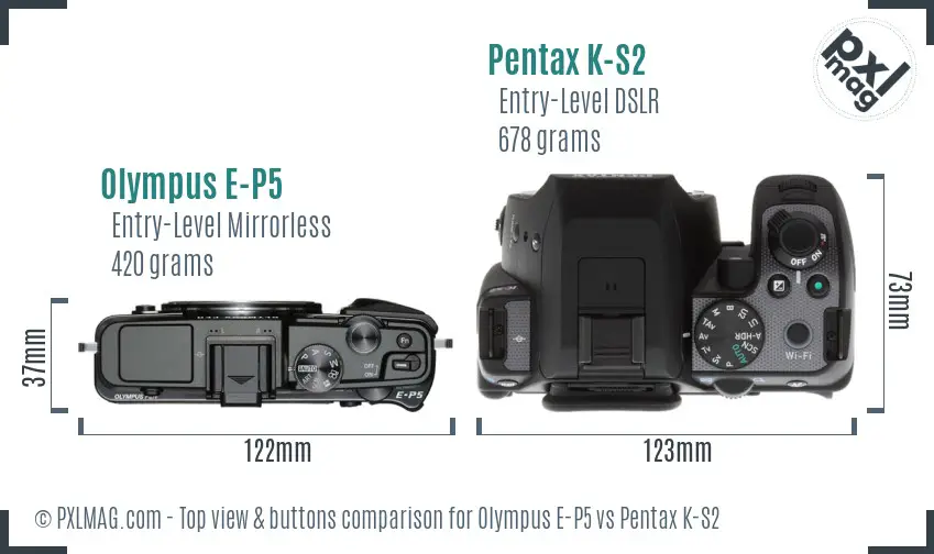 Olympus E-P5 vs Pentax K-S2 top view buttons comparison