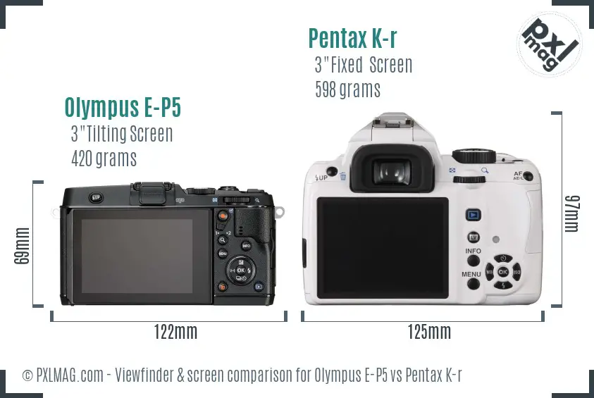 Olympus E-P5 vs Pentax K-r Screen and Viewfinder comparison