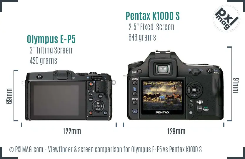 Olympus E-P5 vs Pentax K100D S Screen and Viewfinder comparison