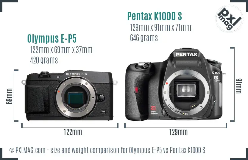 Olympus E-P5 vs Pentax K100D S size comparison