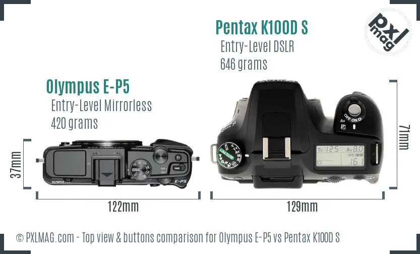 Olympus E-P5 vs Pentax K100D S top view buttons comparison