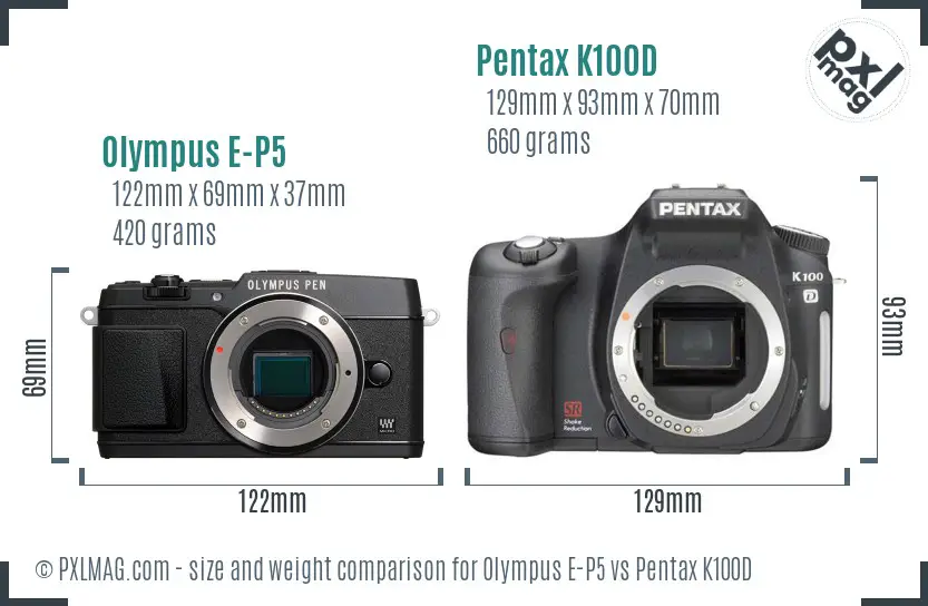 Olympus E-P5 vs Pentax K100D size comparison