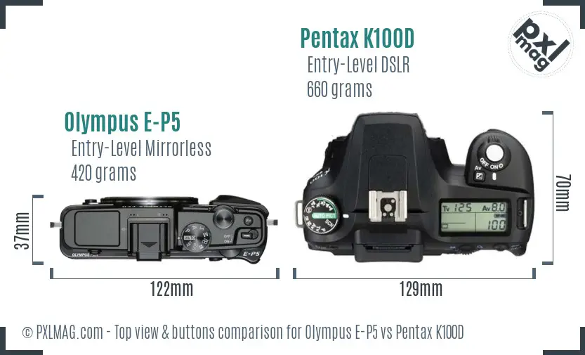 Olympus E-P5 vs Pentax K100D top view buttons comparison