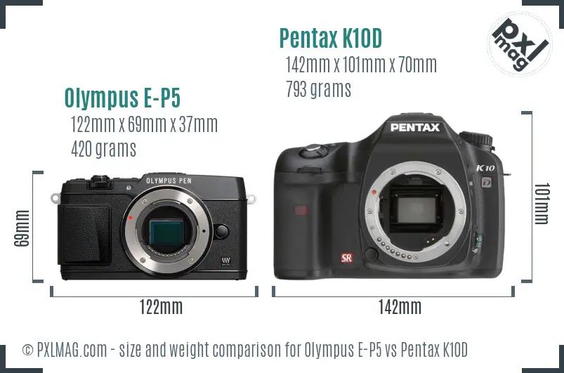Olympus E-P5 vs Pentax K10D size comparison