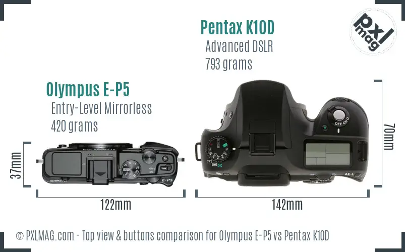 Olympus E-P5 vs Pentax K10D top view buttons comparison