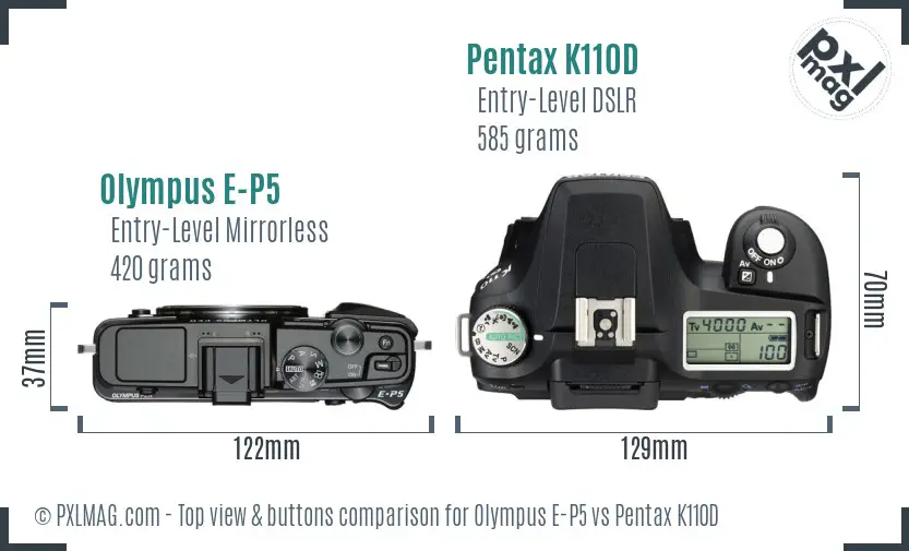 Olympus E-P5 vs Pentax K110D top view buttons comparison