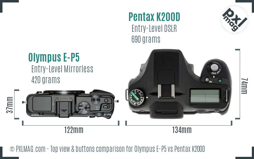Olympus E-P5 vs Pentax K200D top view buttons comparison