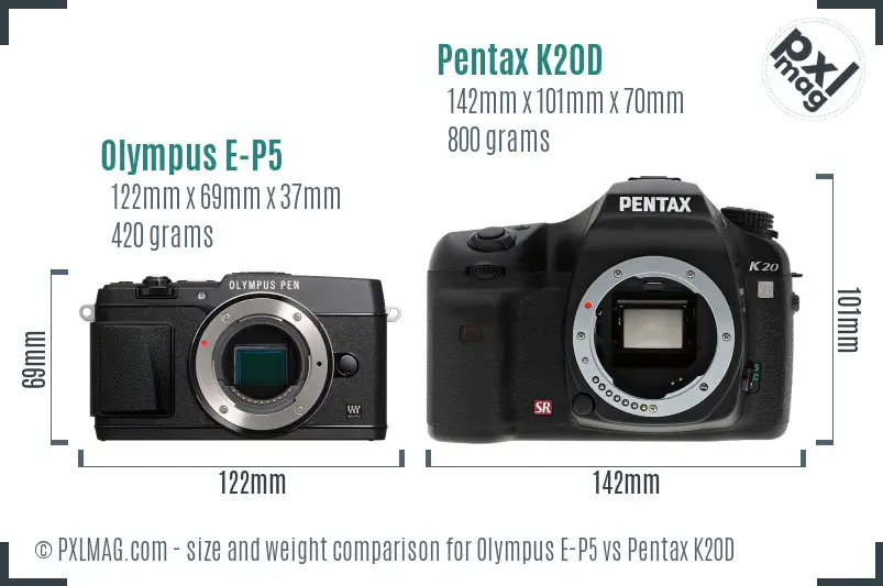 Olympus E-P5 vs Pentax K20D size comparison