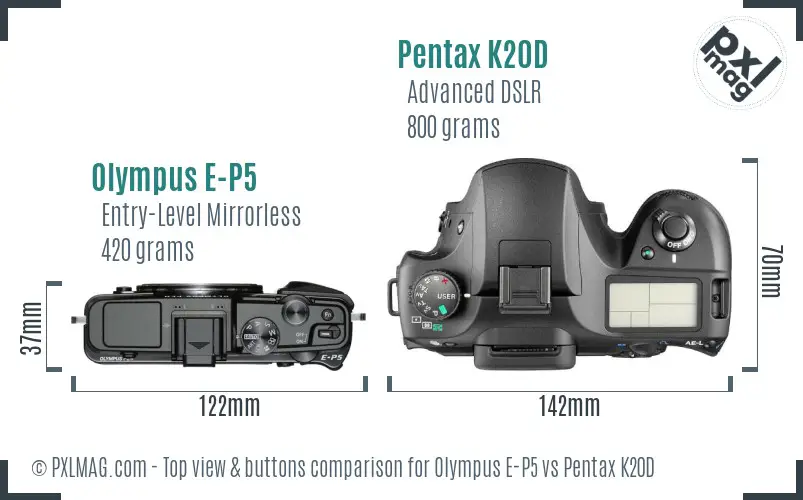 Olympus E-P5 vs Pentax K20D top view buttons comparison