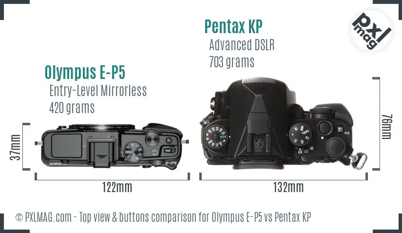 Olympus E-P5 vs Pentax KP top view buttons comparison