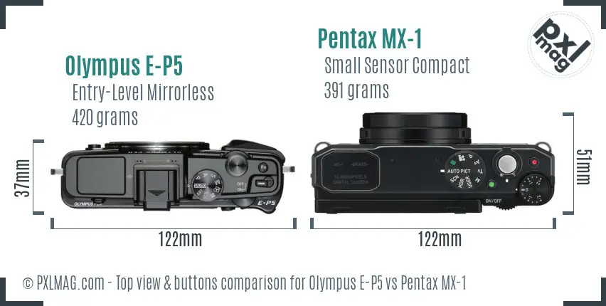Olympus E-P5 vs Pentax MX-1 top view buttons comparison