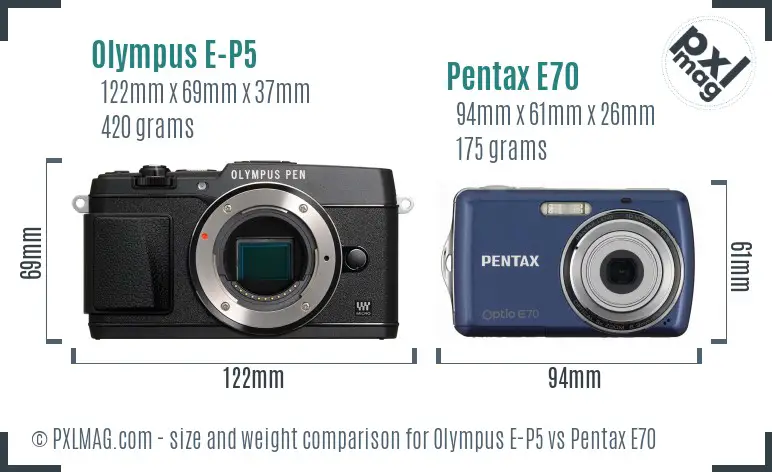 Olympus E-P5 vs Pentax E70 size comparison