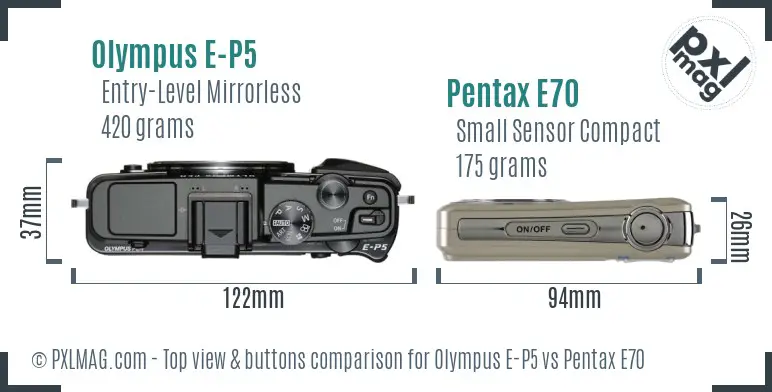 Olympus E-P5 vs Pentax E70 top view buttons comparison